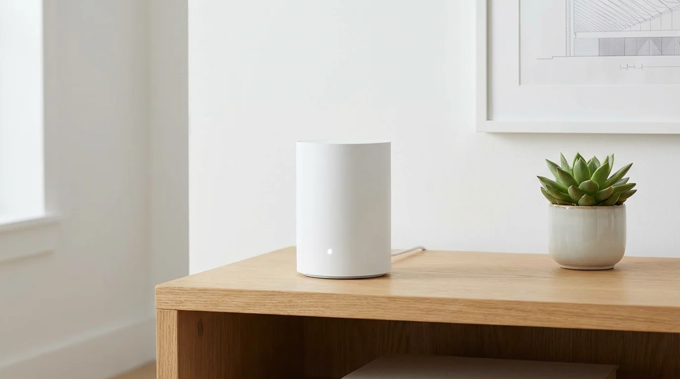 A smart home hub glowing with a steady light, indicating a stable connection.