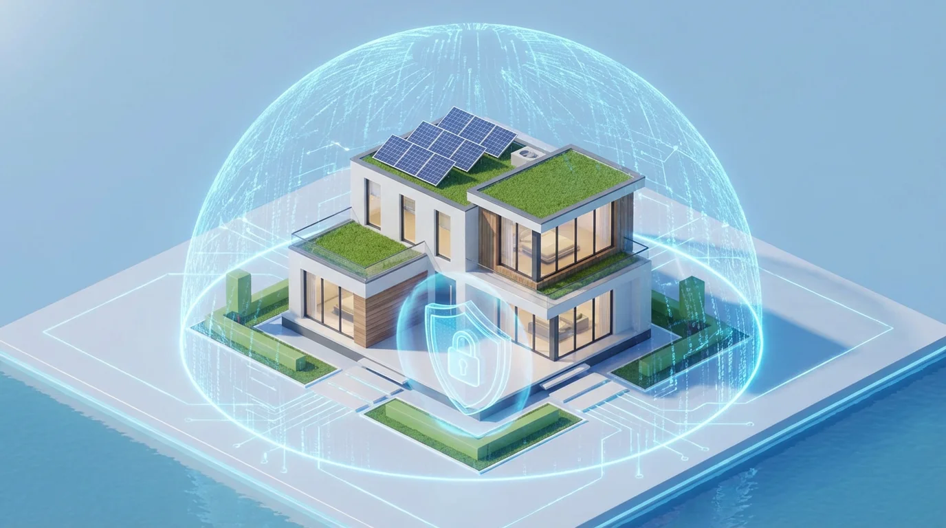 A smart home protected by a digital glowing dome and a shield icon, symbolizing security.