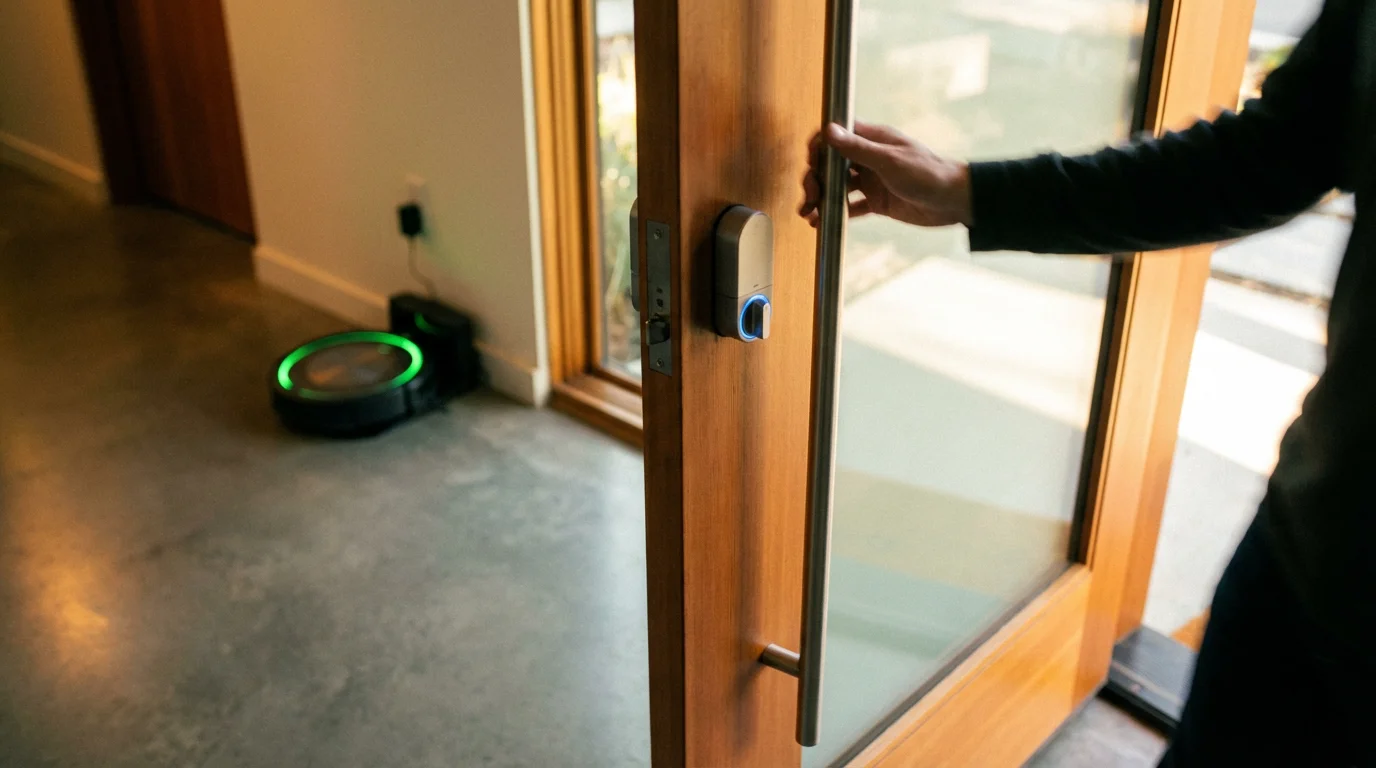 A smart home resident leaving the house as the robot vacuum automatically begins its cleaning cycle.