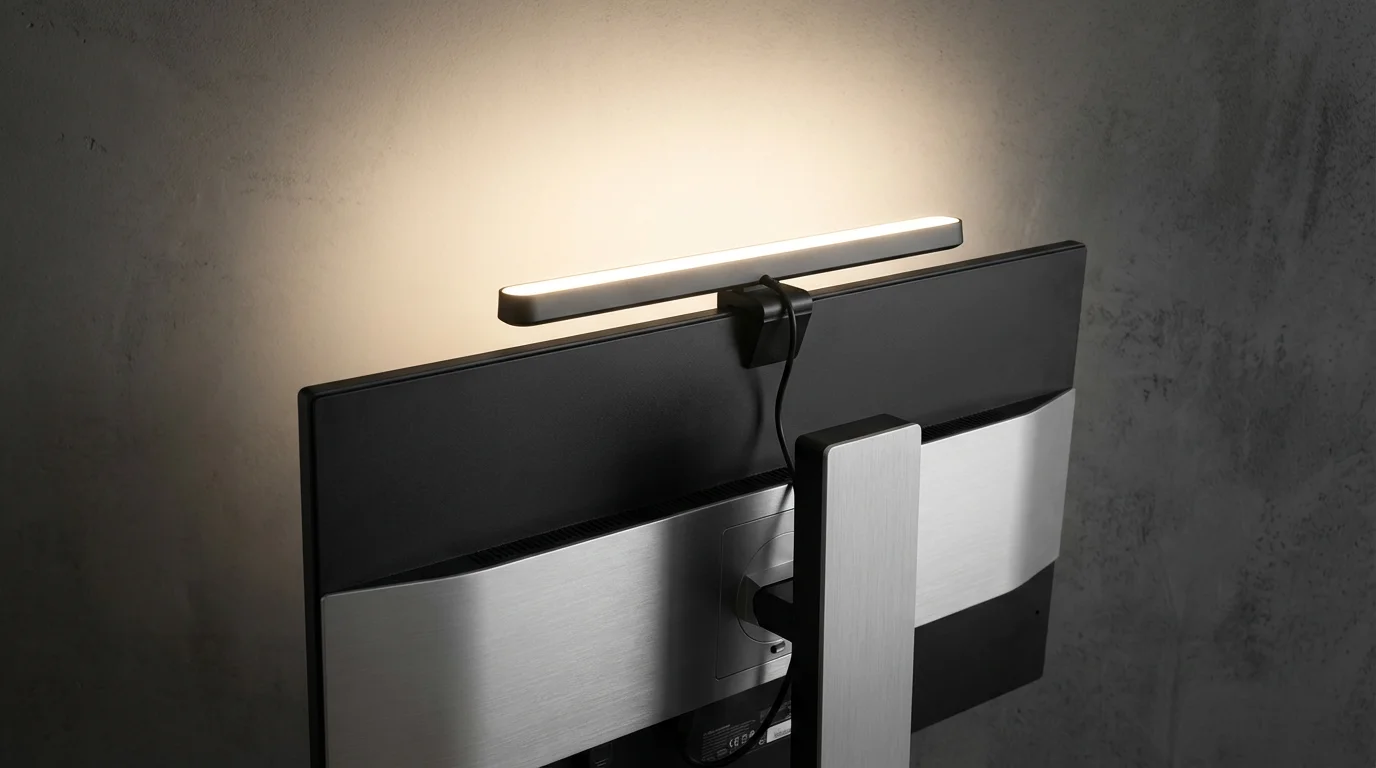 A smart light bar mounted on top of a monitor casting light onto the wall behind it.