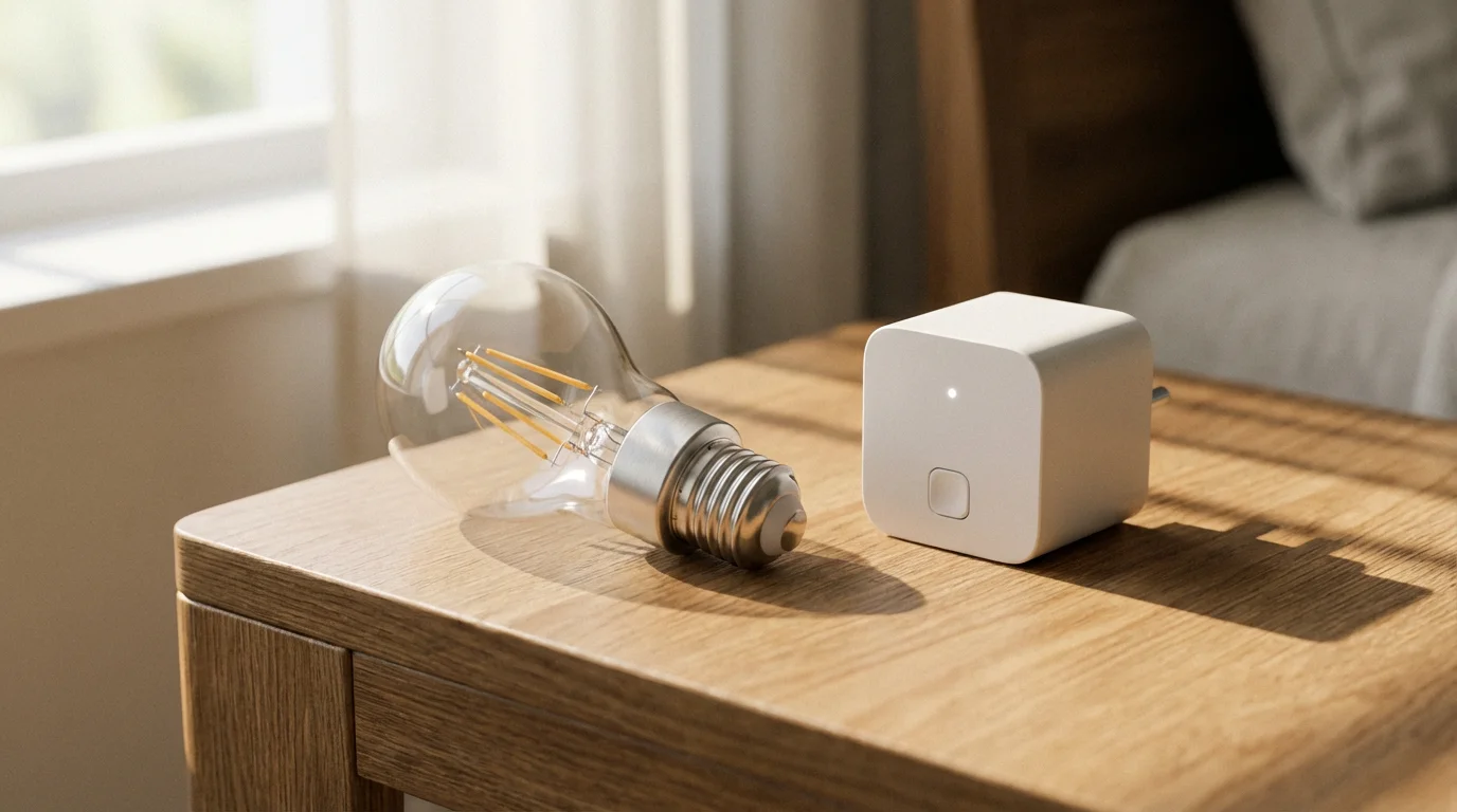 A smart light bulb and a smart plug on a wooden table, representing the essential hardware for automation.