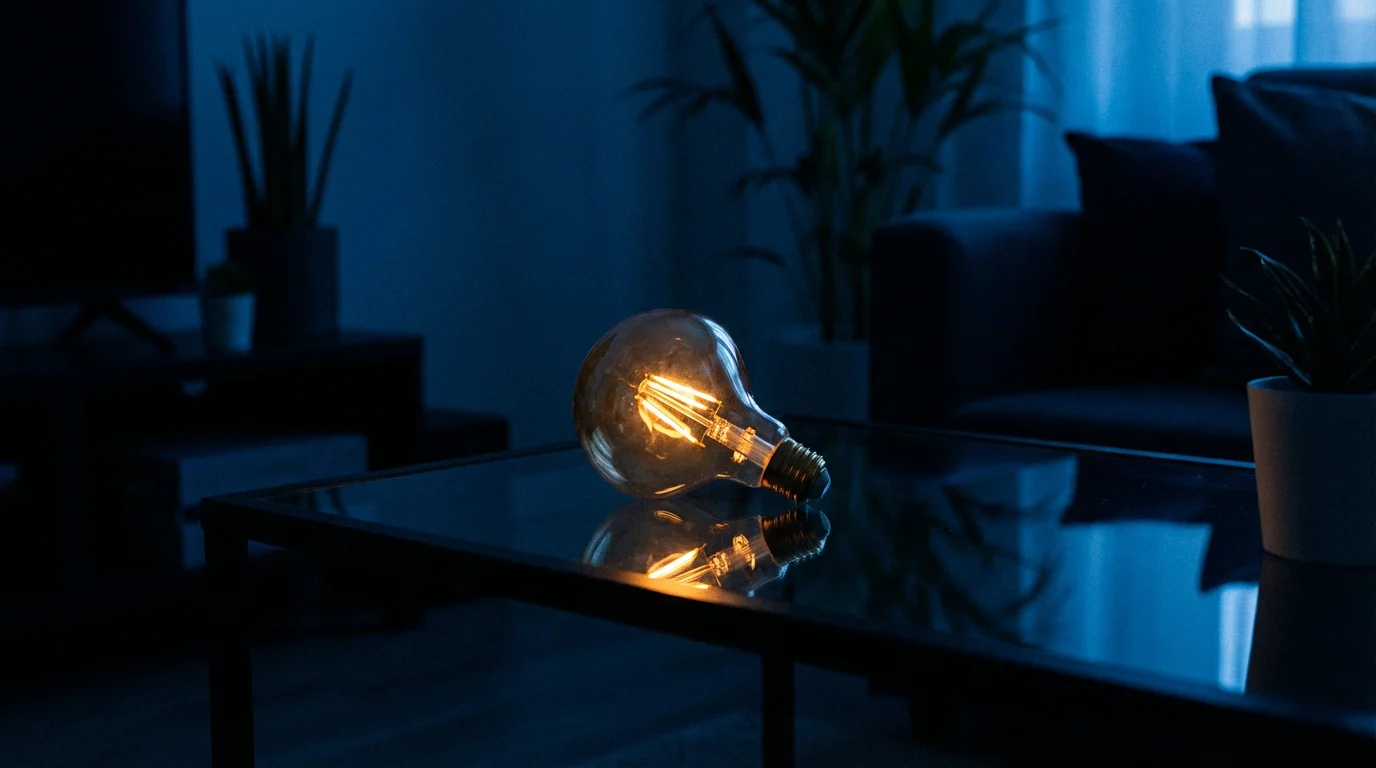 A smart light bulb glowing warm amber in a dark room.