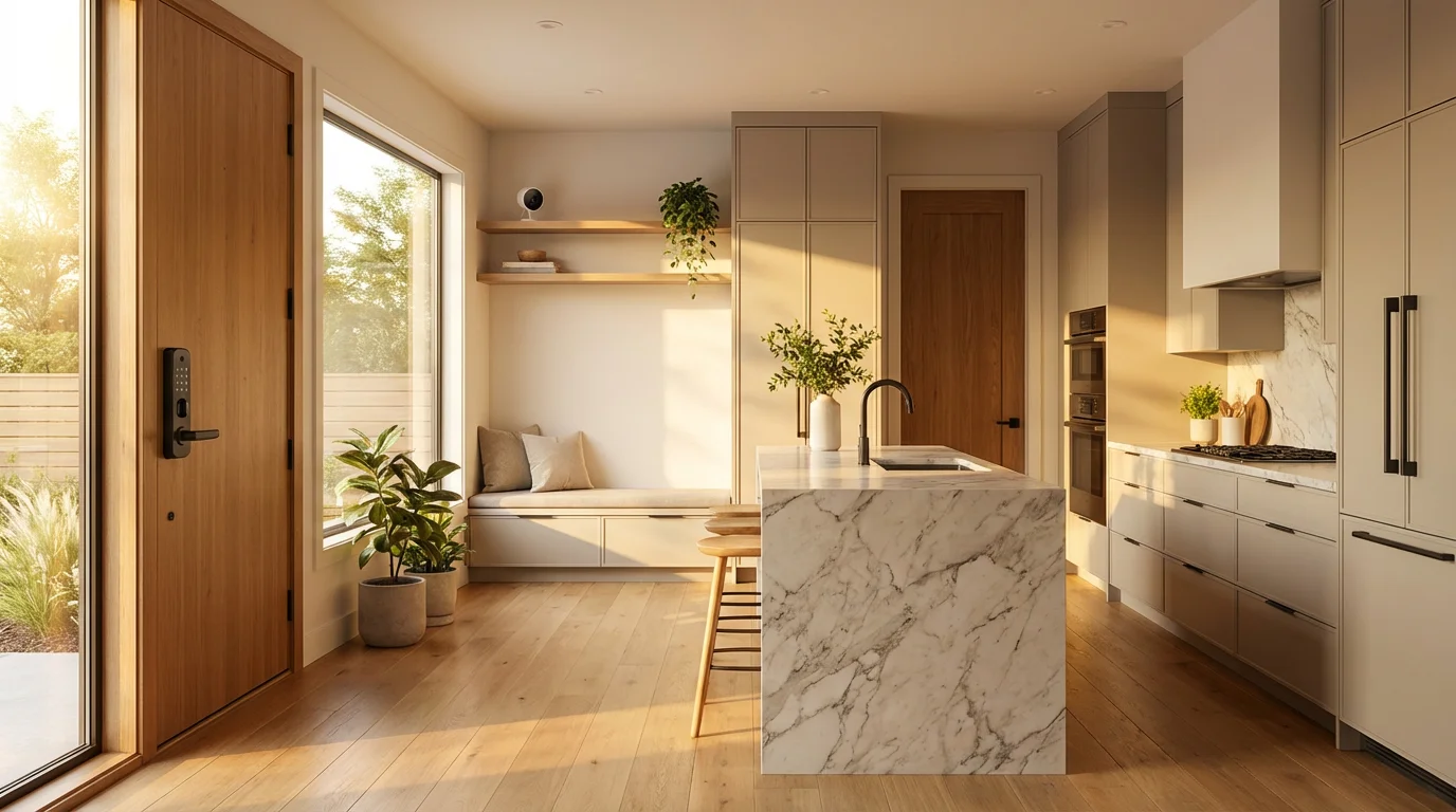 A smart lock and security camera integrated into a modern kitchen design.