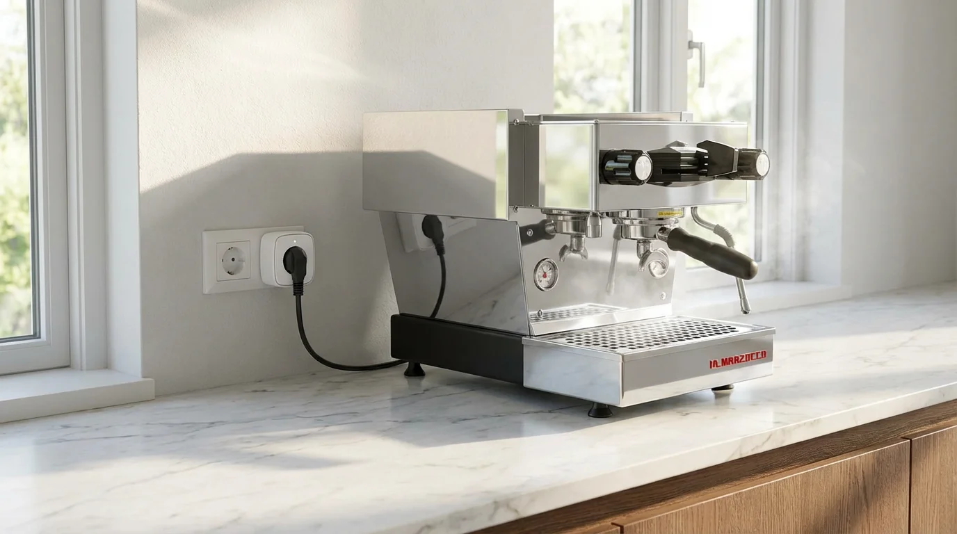 A smart plug connecting a luxury coffee machine to a kitchen wall outlet.