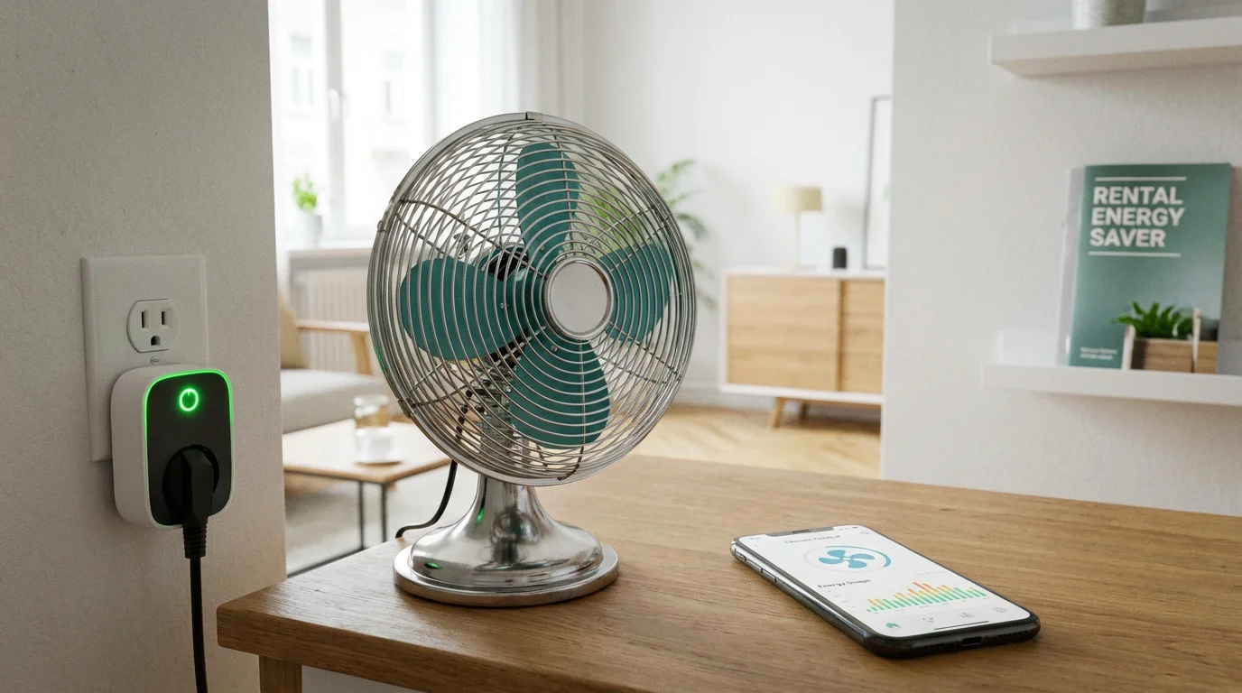 A smart plug connecting a vintage fan to a smartphone app for control.