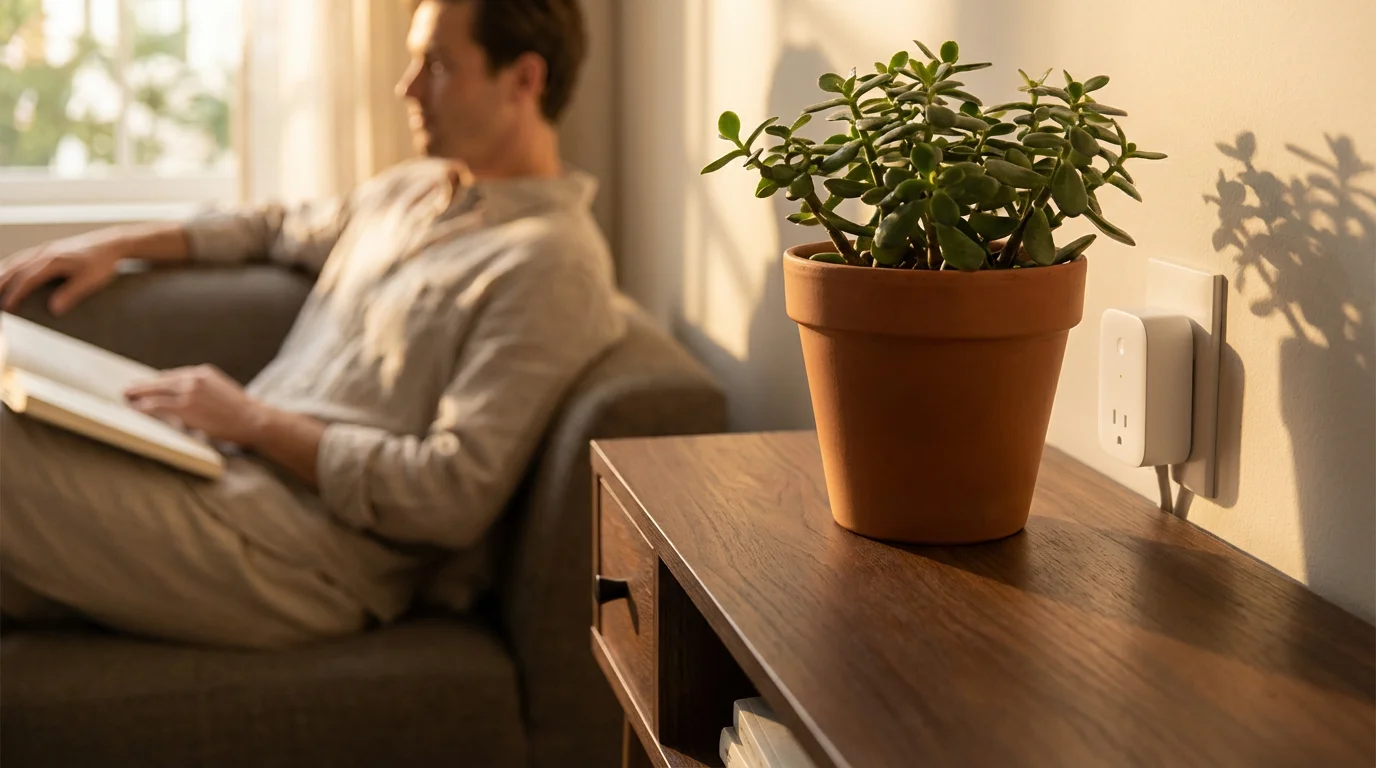 A smart plug discreetly placed in a modern home interior next to a plant.
