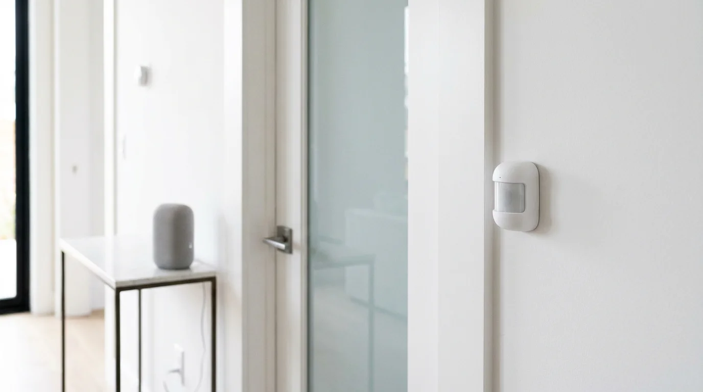 A smart sensor on a white wall with a smart speaker visible in the background.