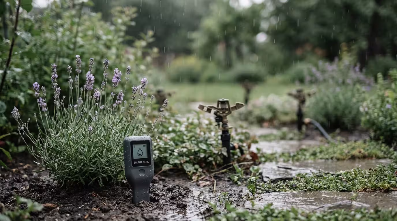 A smart soil moisture sensor in a garden during a rain shower, showing the system is paused.