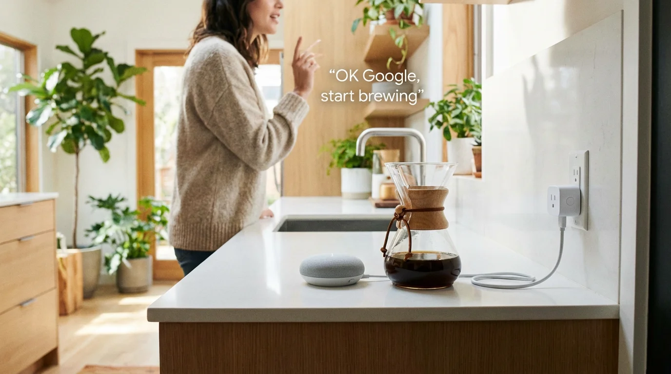 A smart speaker and coffee equipment on a modern kitchen counter.