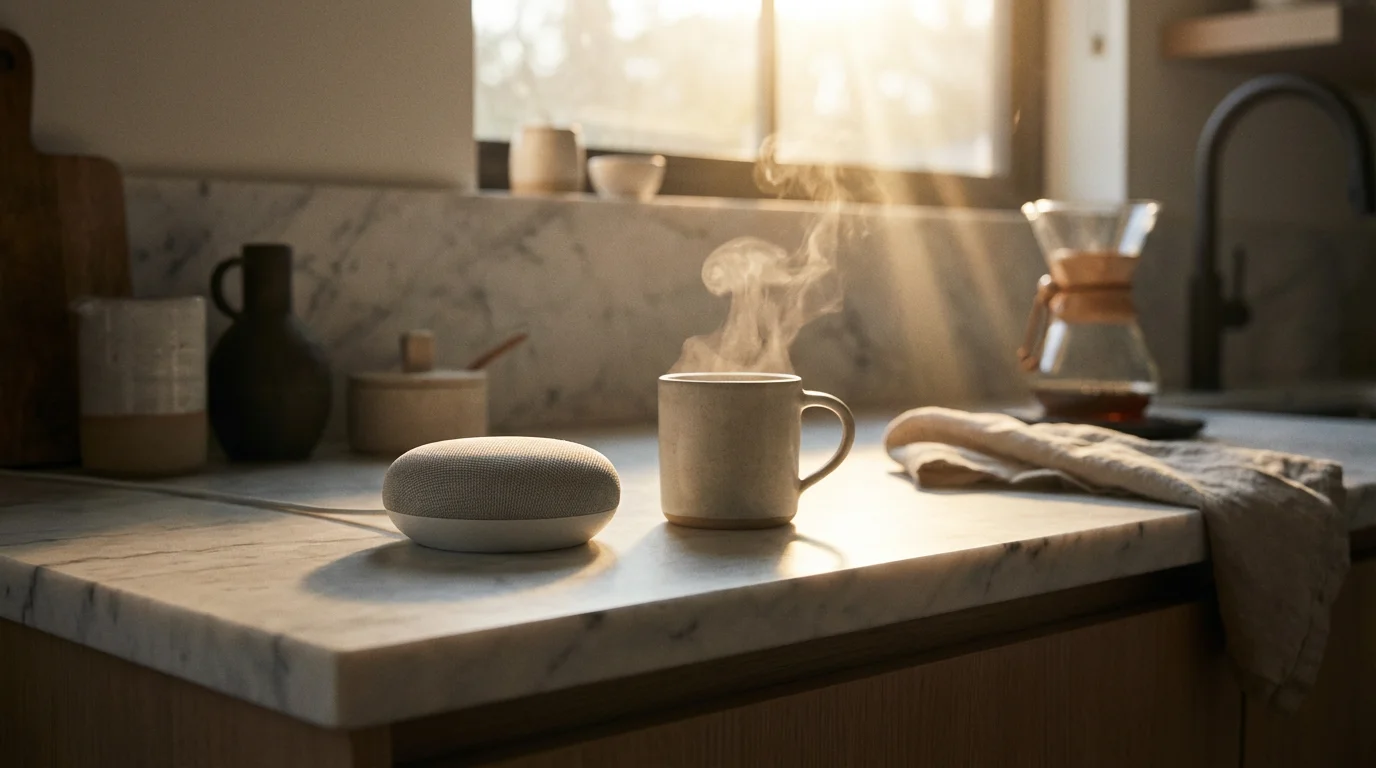 A smart speaker on a clean kitchen counter next to a steaming cup of coffee in soft morning light.