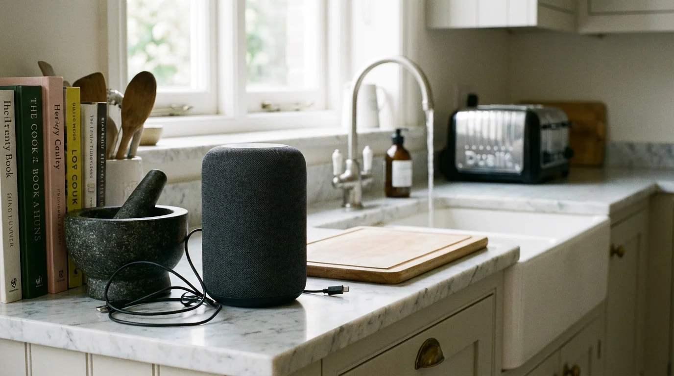 A smart speaker on a kitchen counter near a sink and appliances.