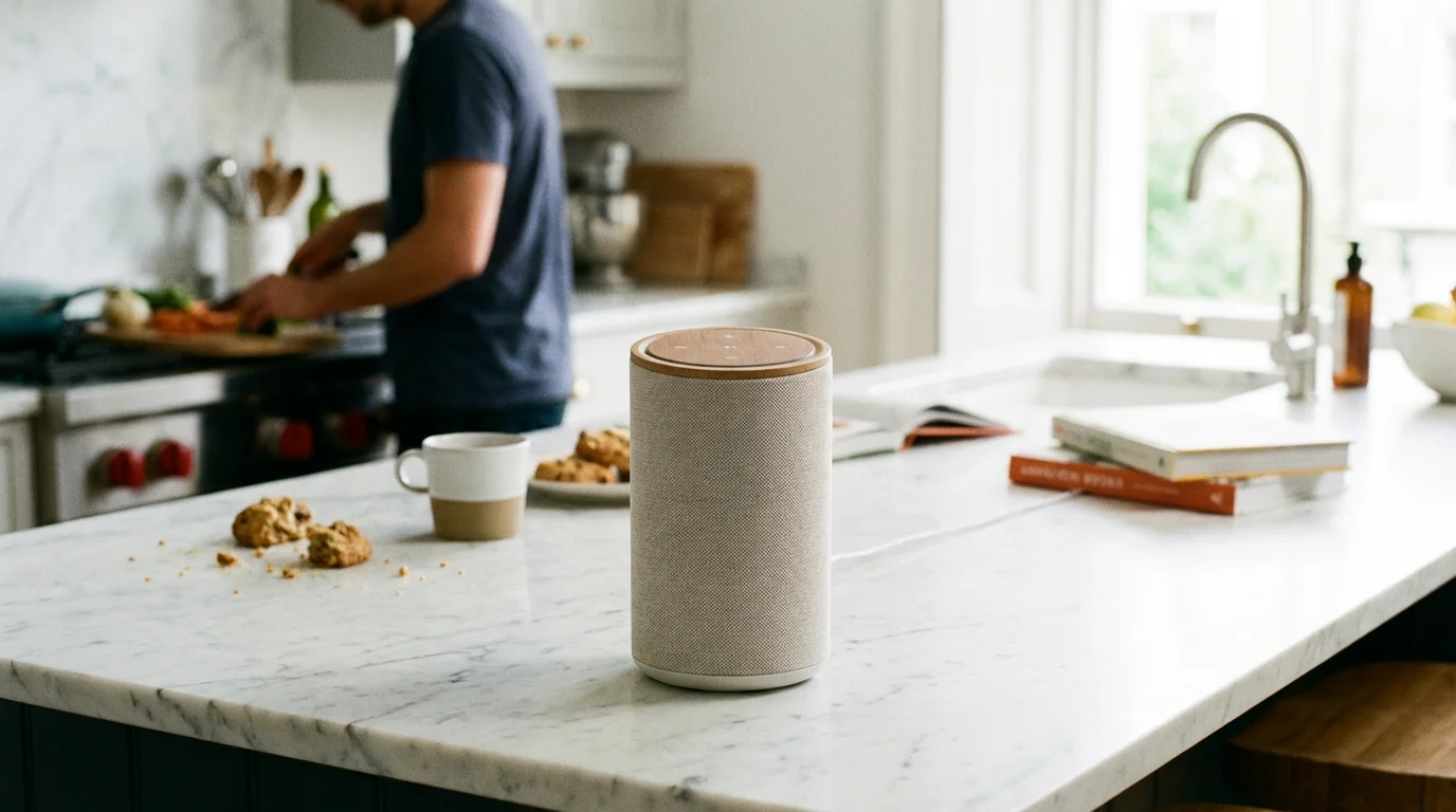 A smart speaker on a kitchen counter with a person blurred in the background.