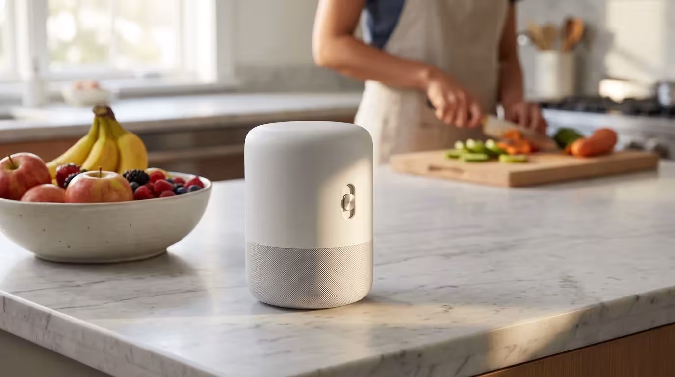 A smart speaker on a marble kitchen counter with a person blurred in the background.