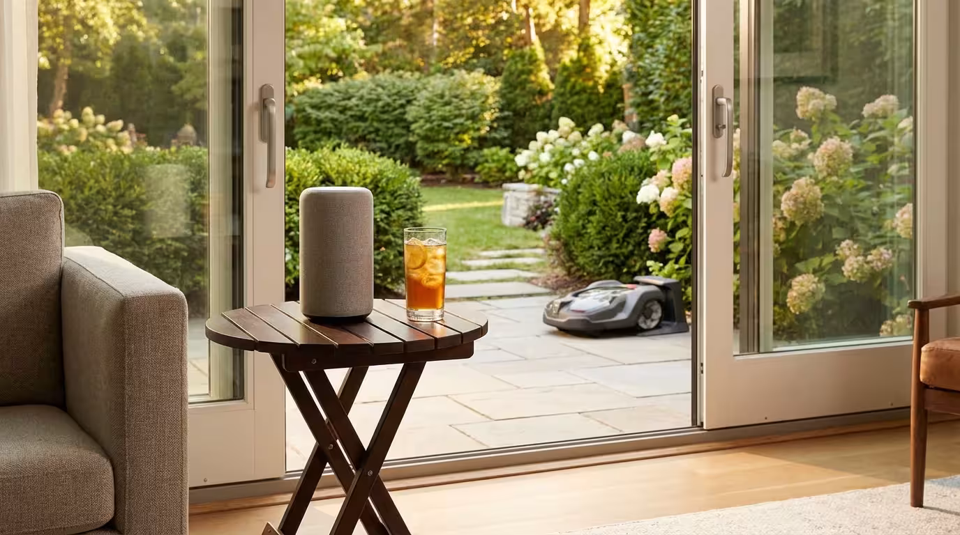 A smart speaker on a patio table overlooking a garden, representing smart home integration.