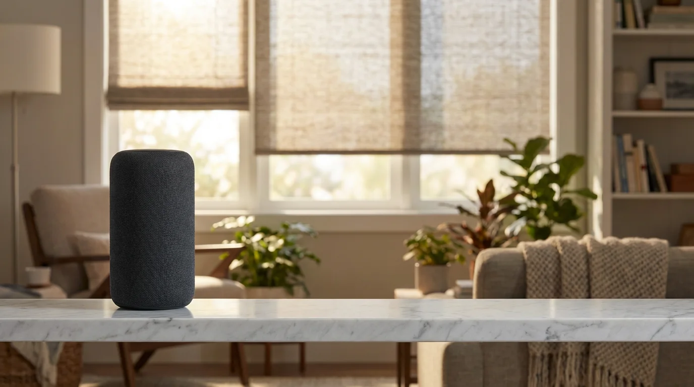 A smart speaker on a shelf with automated blinds visible in the background.