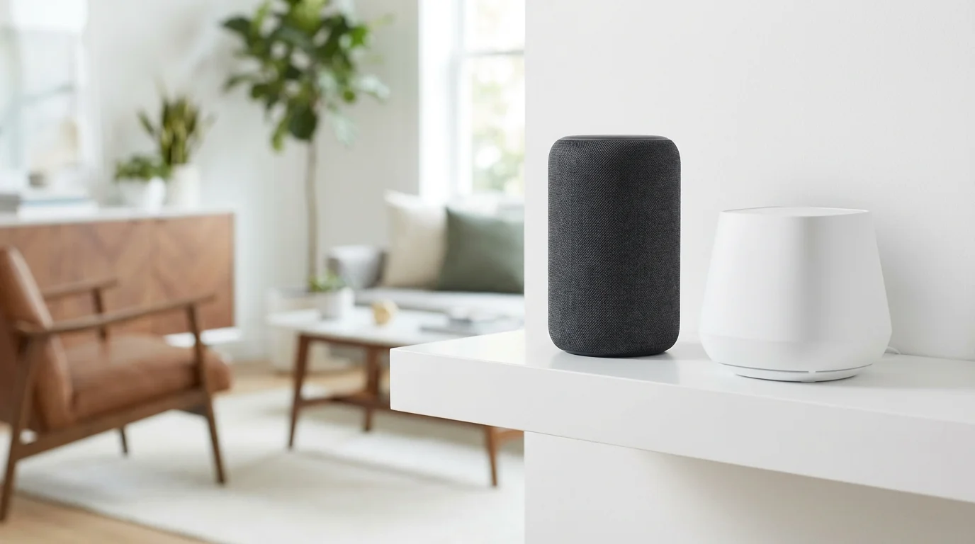 A smart speaker placed next to a modern Wi-Fi router on a white shelf.