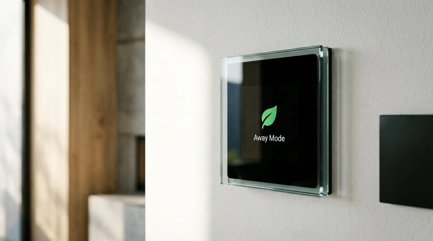 A smart thermostat displaying Away Mode on a white wall.