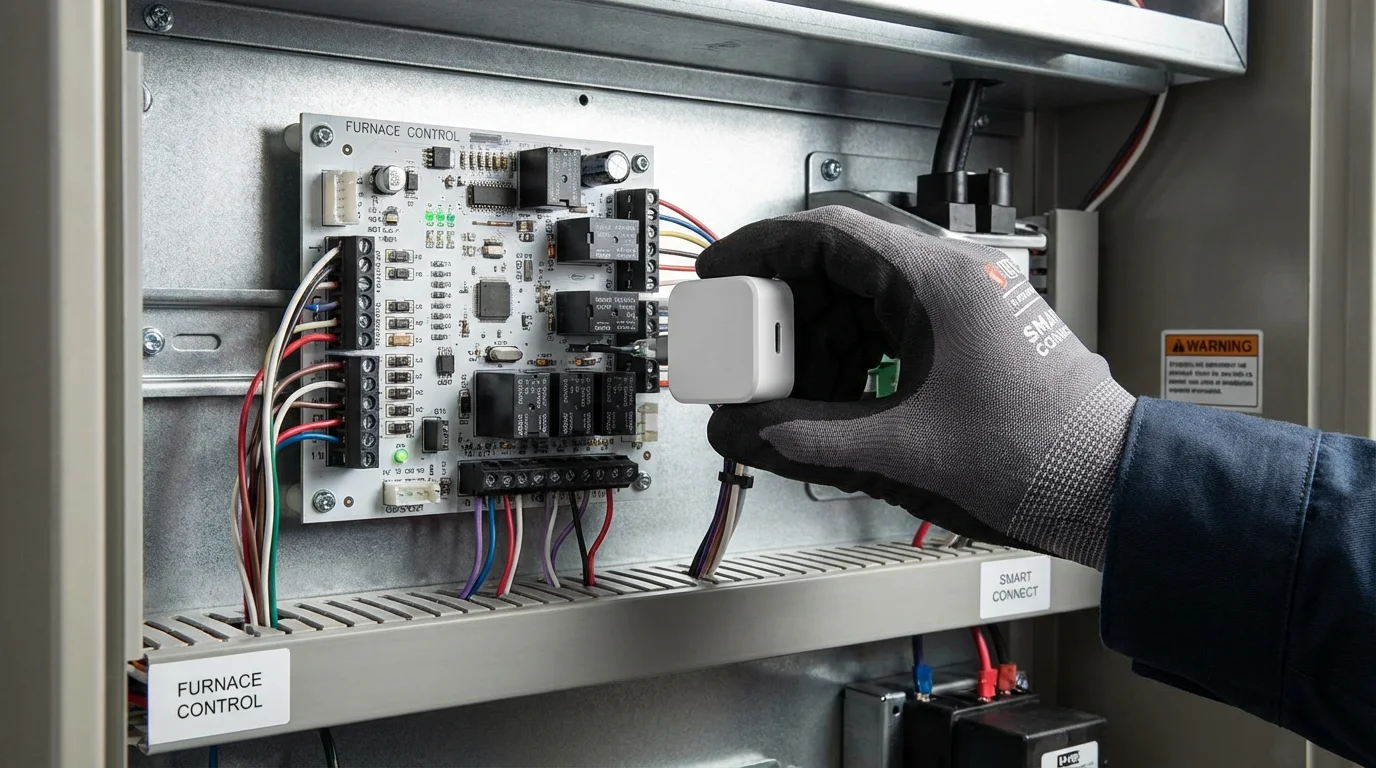 A smart thermostat power adapter being installed inside a furnace cabinet.