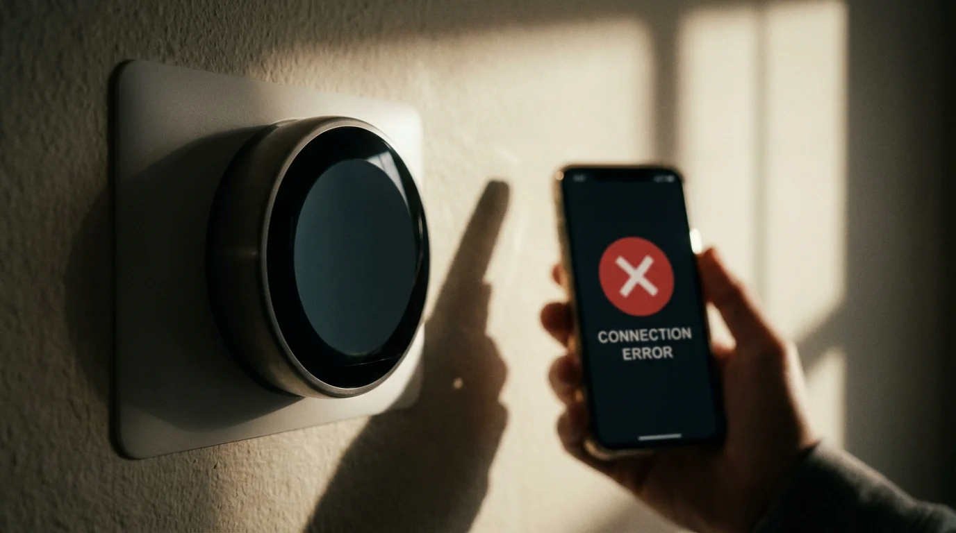 A smart thermostat with a blank screen next to a smartphone showing a connection error.