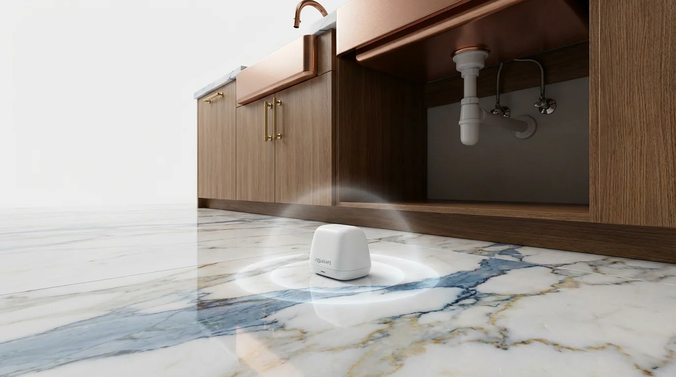 A smart water leak sensor placed under a kitchen sink.