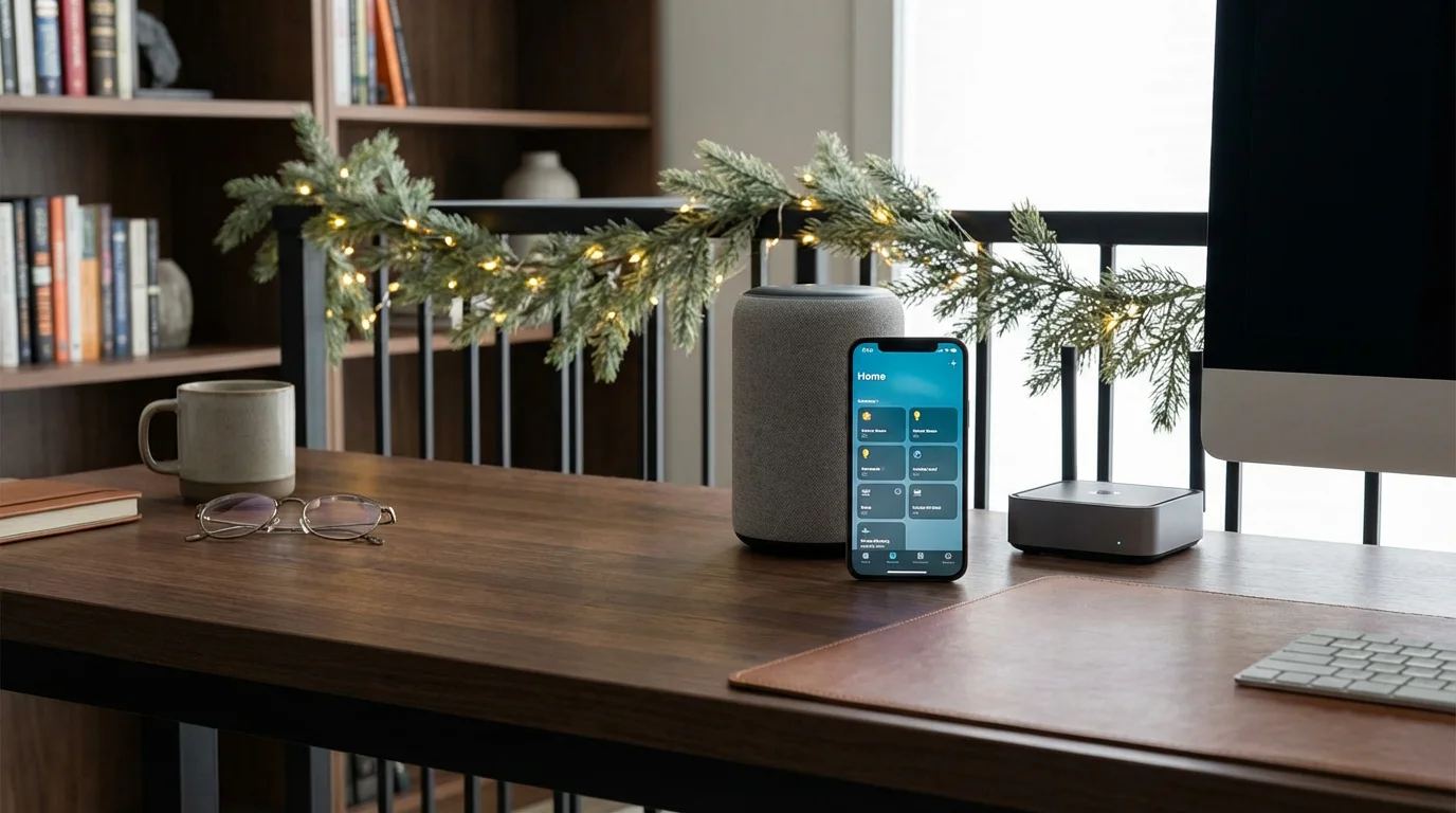 A smartphone and smart speaker on a desk, representing the connectivity of a smart home system.