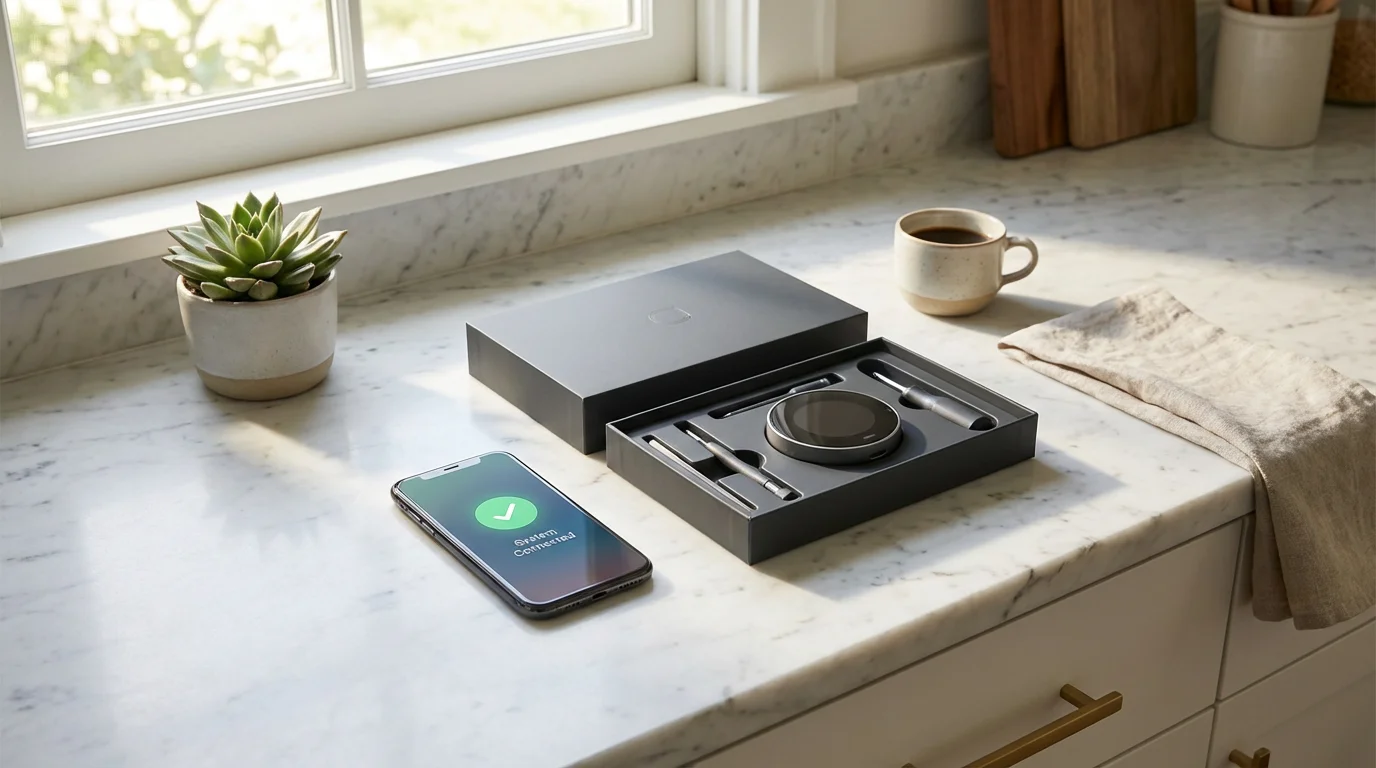 A smartphone and smart thermostat components neatly arranged on a kitchen counter during installation.
