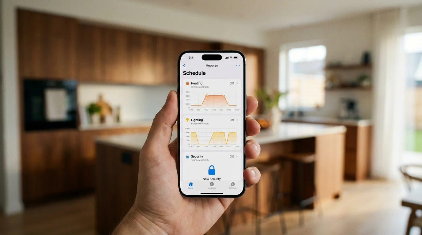 A smartphone app showing smart thermostat scheduling logic and graphs.