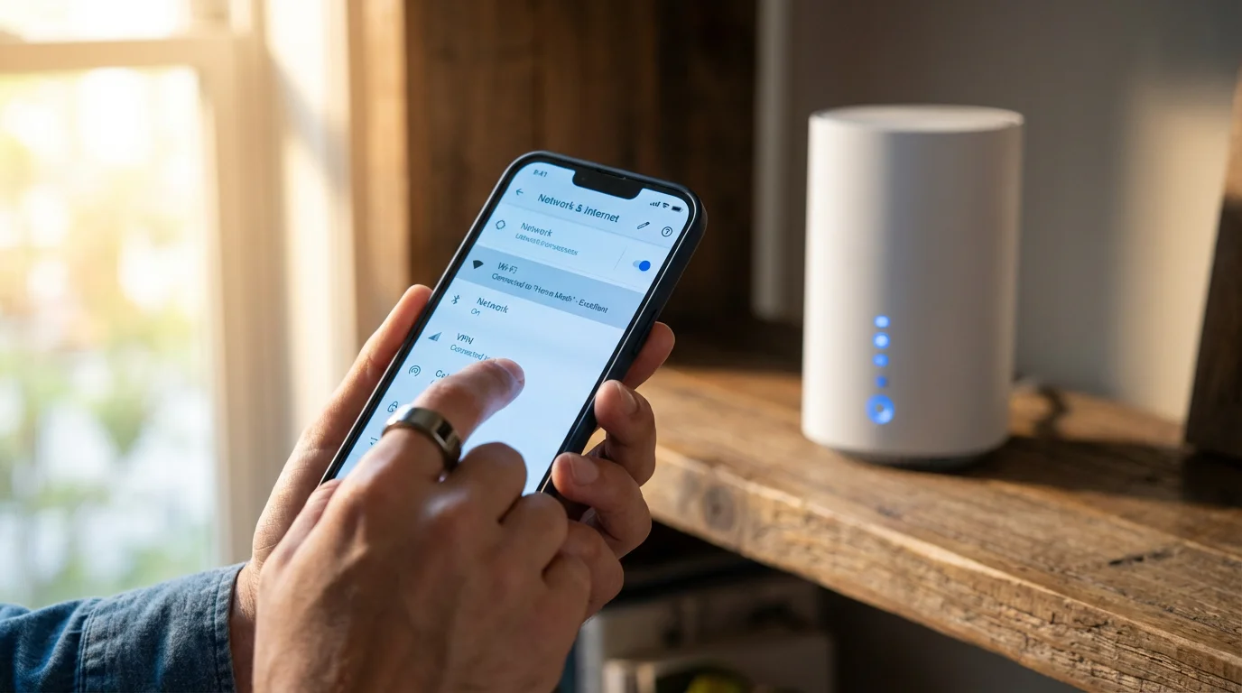 A smartphone displaying Wi-Fi settings near a modern home router.