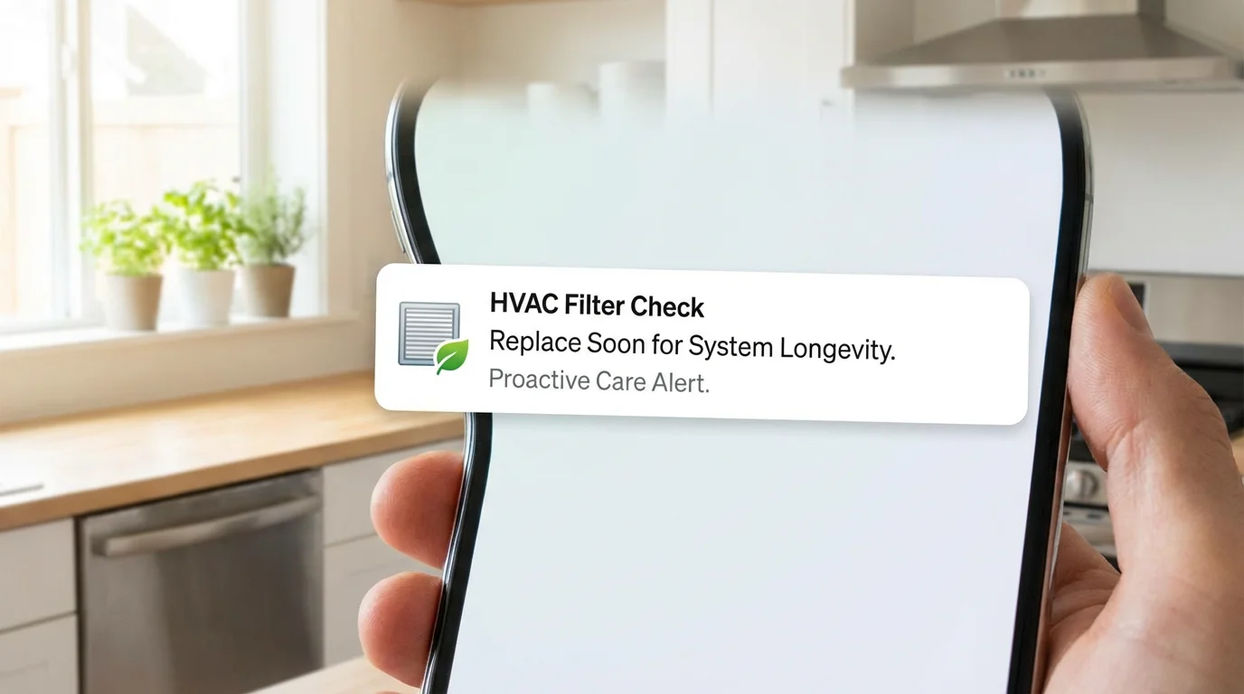 A smartphone notification showing a maintenance reminder for a home cooling system.