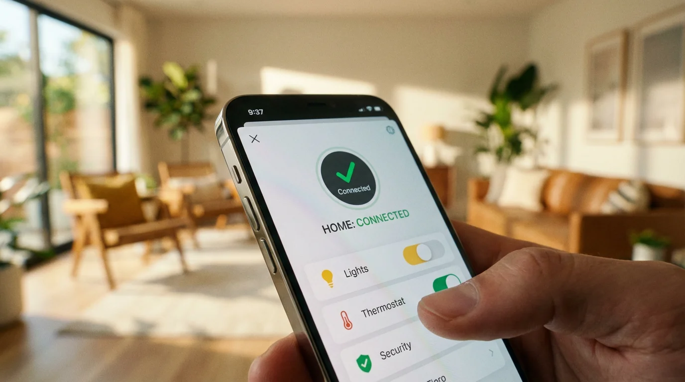 A smartphone screen showing a 'connected' status in a blurred home setting.