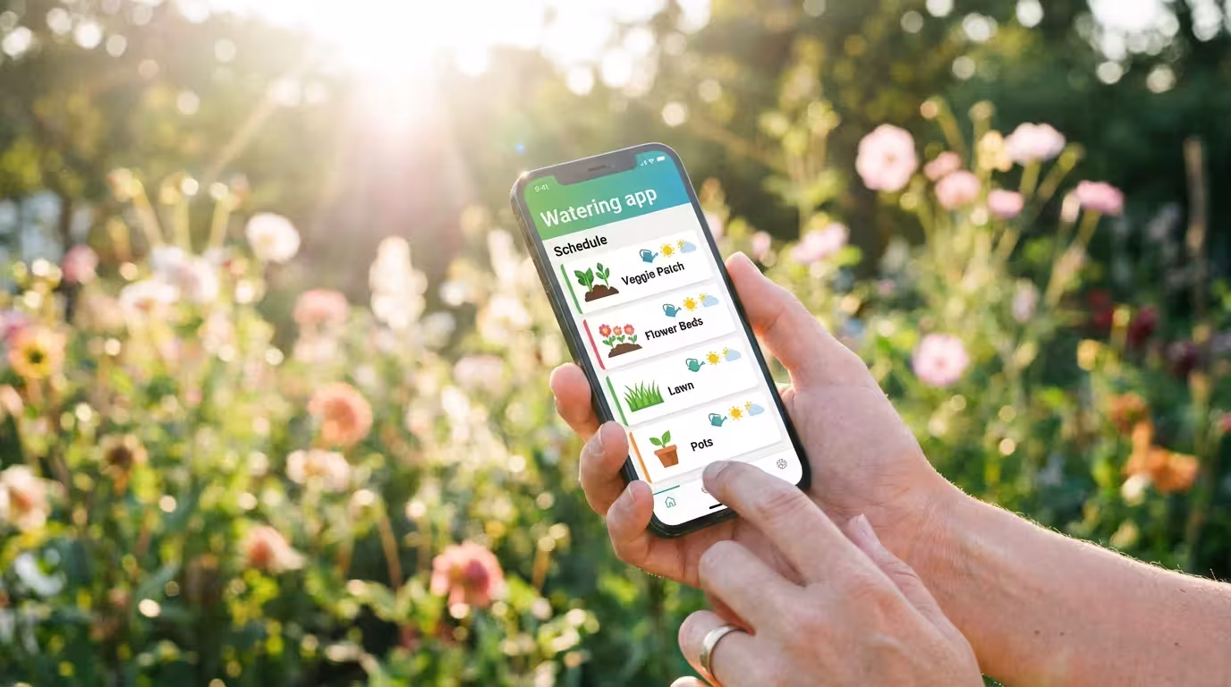A smartphone screen showing a smart watering schedule app held against a garden background.