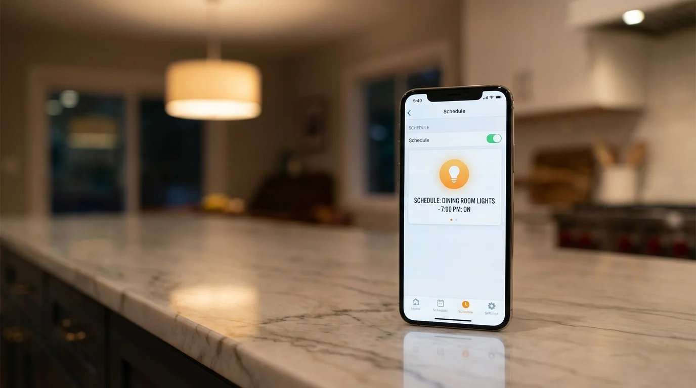 A smartphone showing a smart home scheduling app on a kitchen counter with lights turning on in the background.