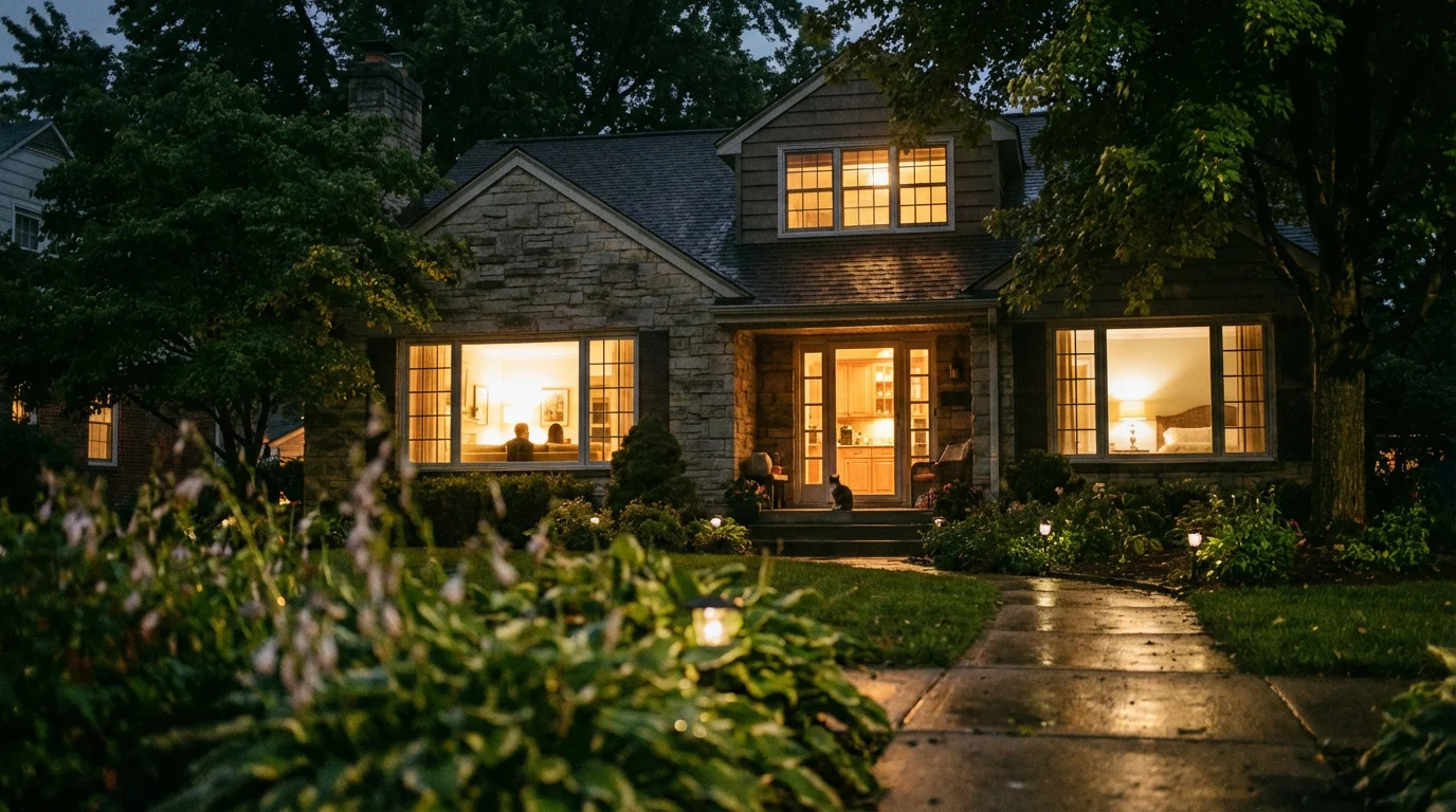 A suburban house at night with lights on in different rooms to mimic human activity.