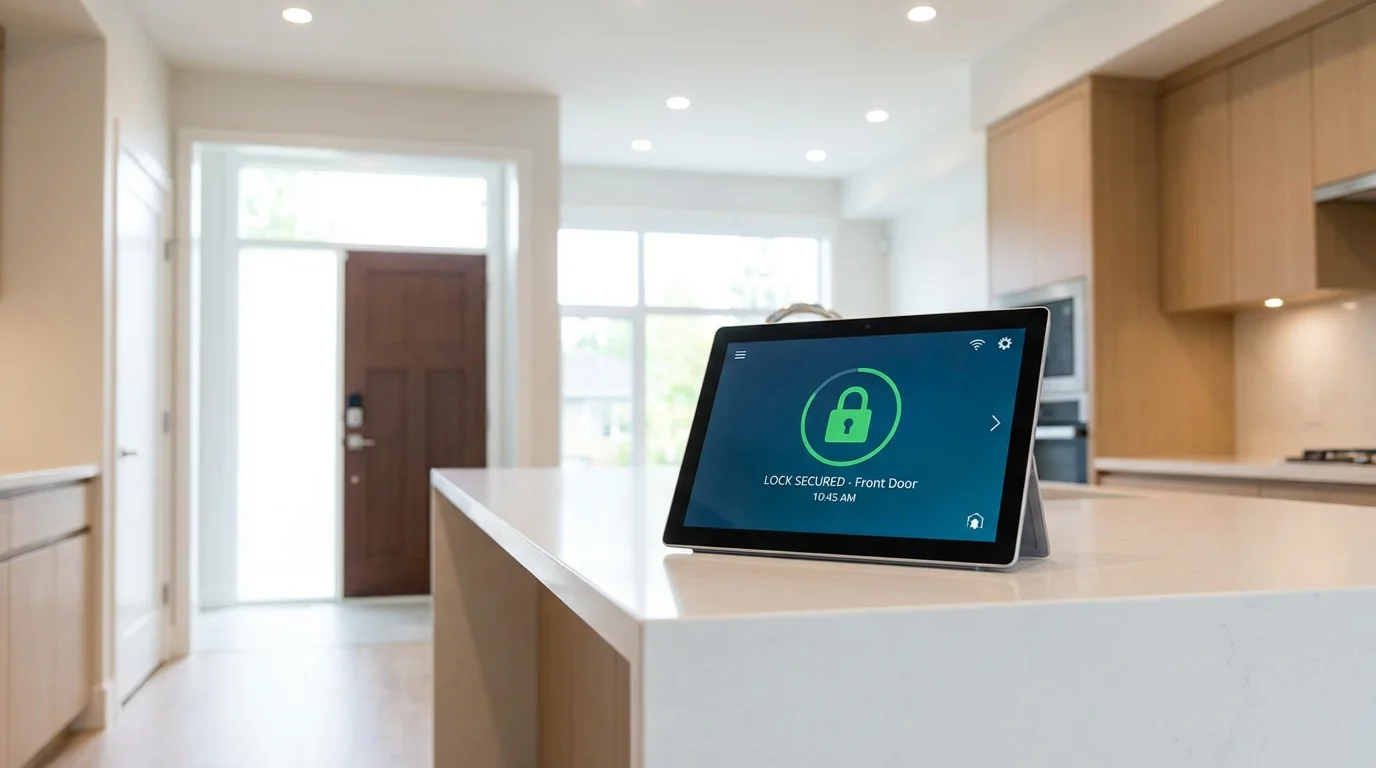 A tablet on a kitchen counter displaying a smart home control panel showing the status of the front door lock.