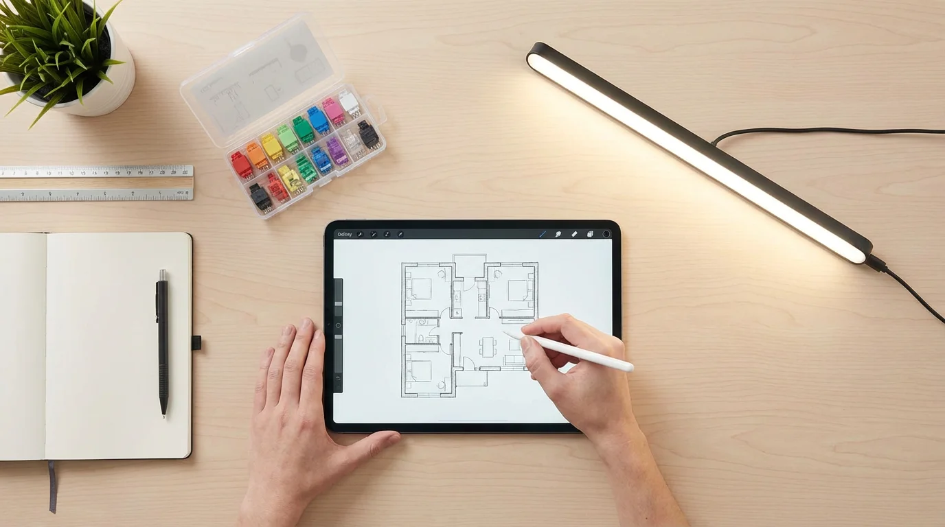 A top-down view of a person planning their lighting layout on a desk with various smart light components.