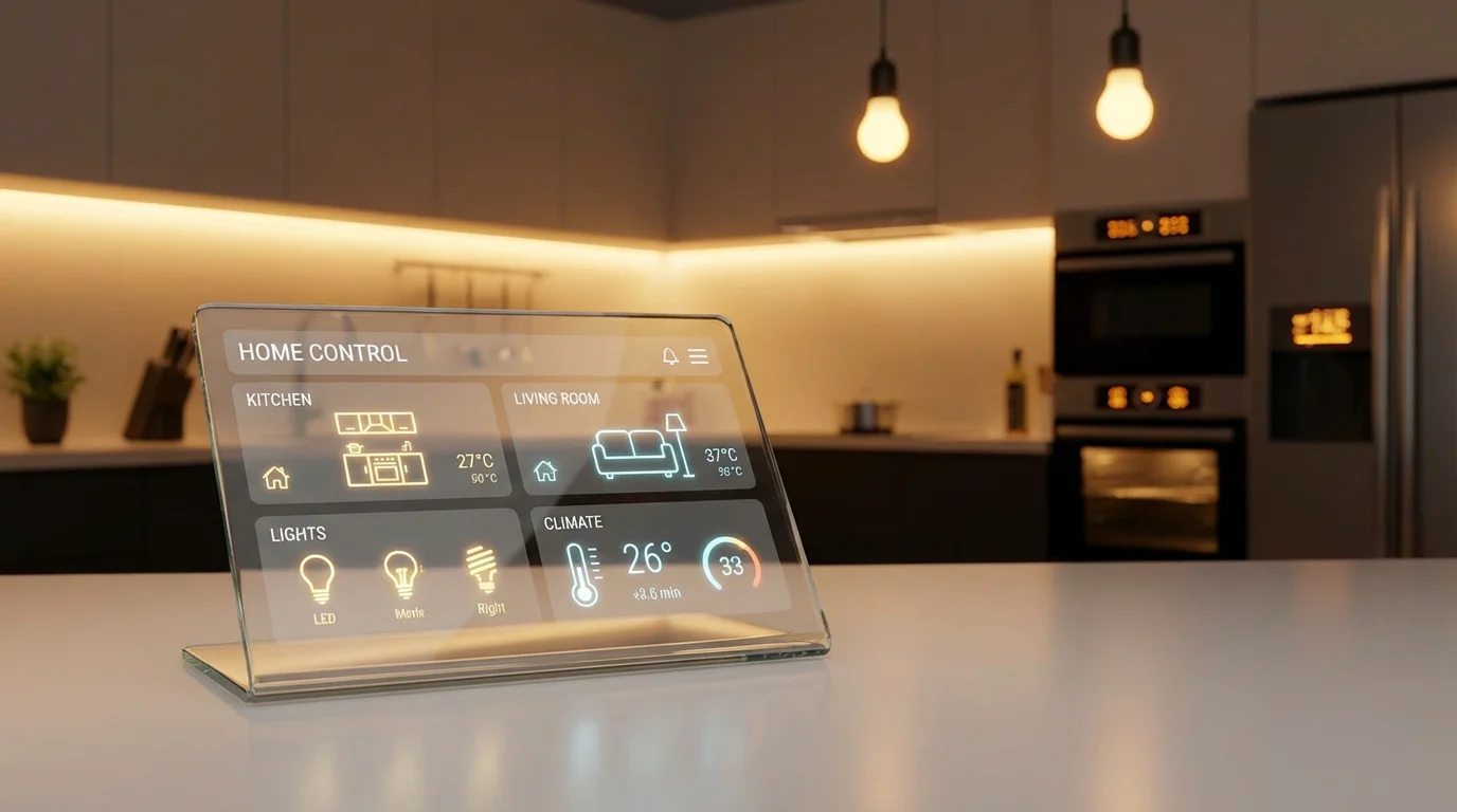 A transparent digital tablet showing a smart home dashboard with a warm modern kitchen in the background.