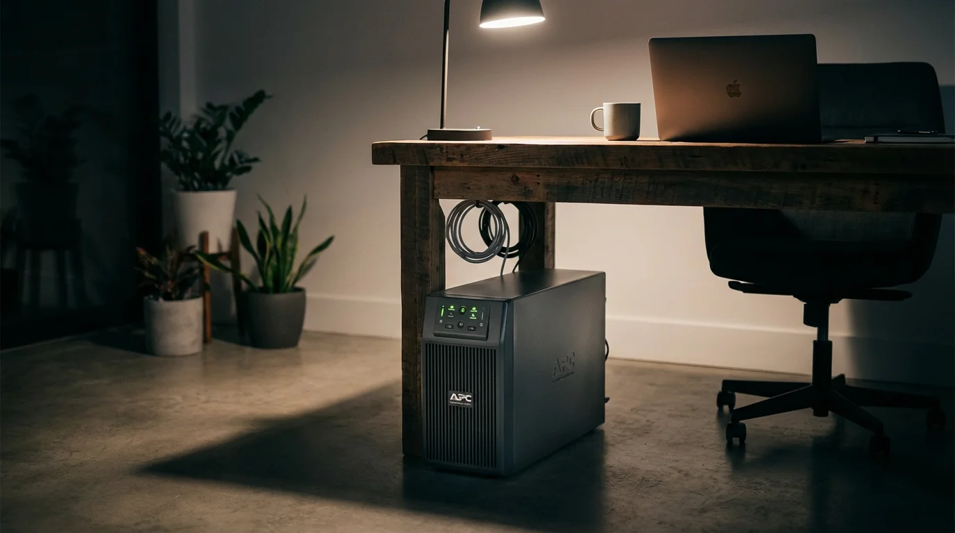 A UPS battery backup unit powering smart home tech in the dark.