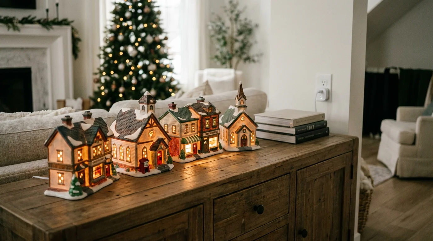 A vintage holiday village display powered by a modern smart plug for easy control.