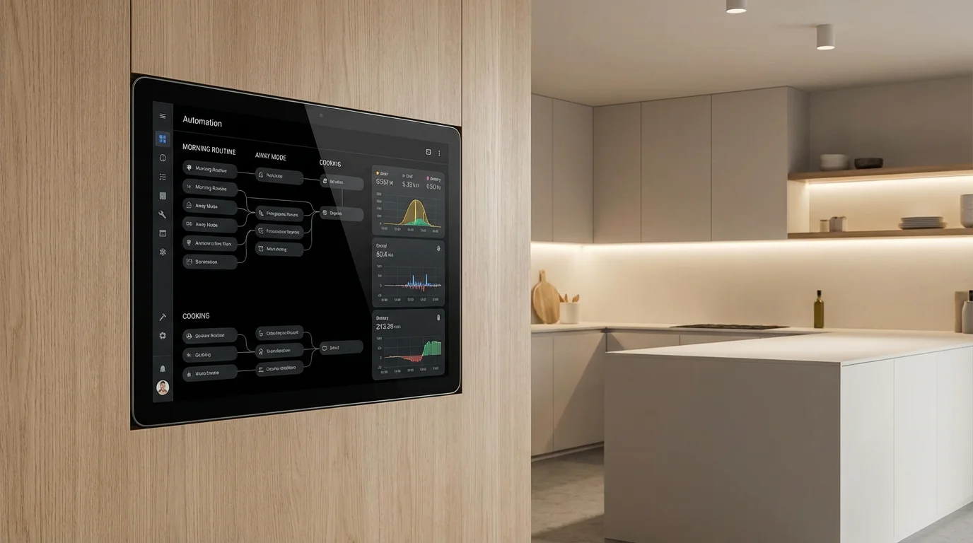 A wall-mounted tablet showing a complex smart home dashboard.
