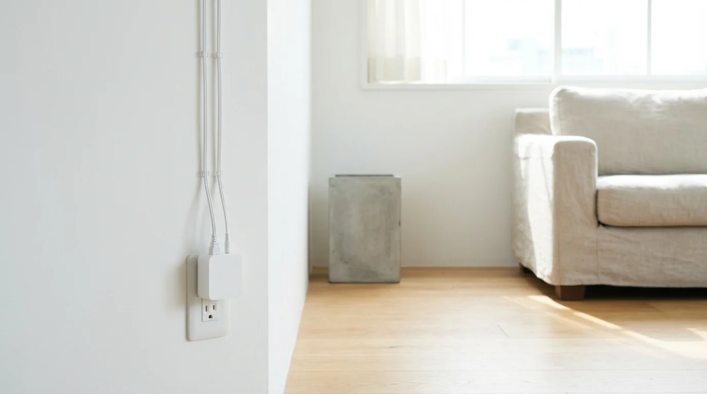 A white external power transformer plugged into a wall outlet.