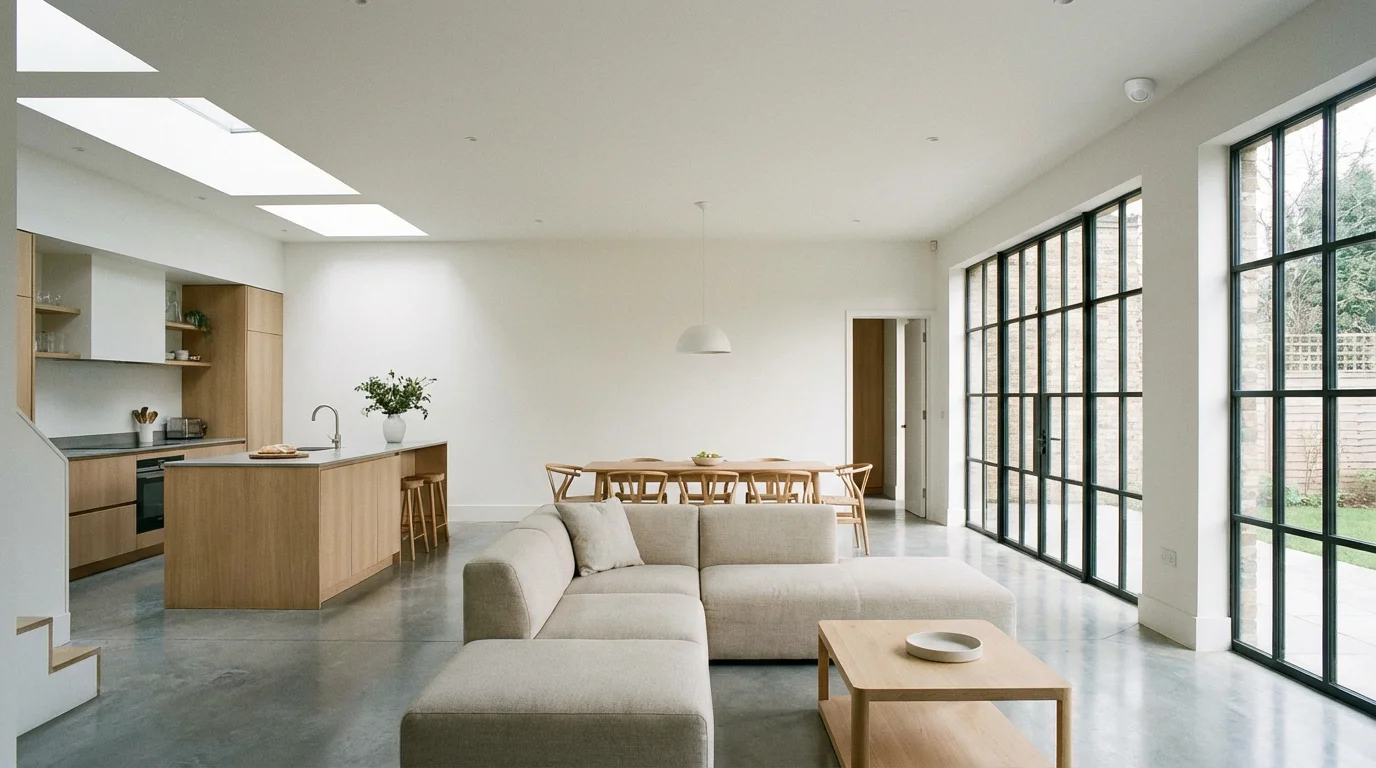 A wide-angle view of a modern living room showing the strategic placement of a motion sensor in the corner.