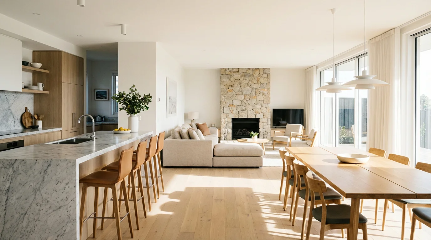 A wide shot of a modern open-plan home showing different functional zones like the kitchen and lounge.