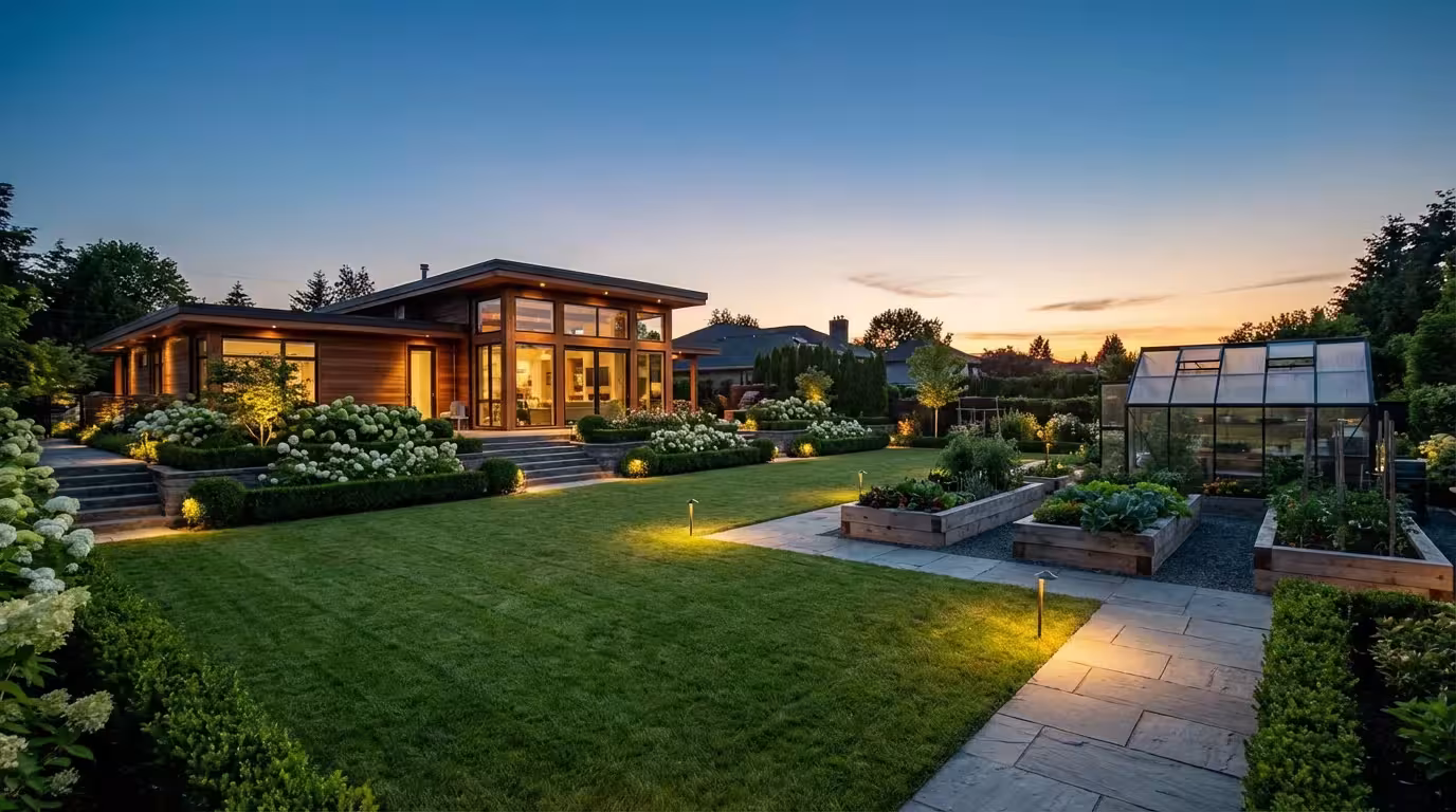 A wide view of a professionally landscaped garden with multiple watering zones highlighted by soft lighting.