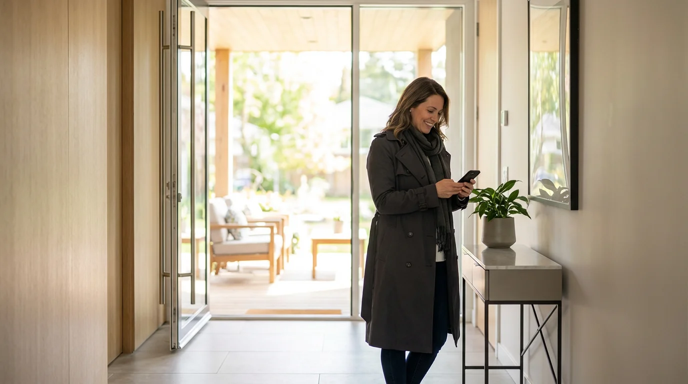 A woman checking her phone in a modern home entryway as a visitor arrives.