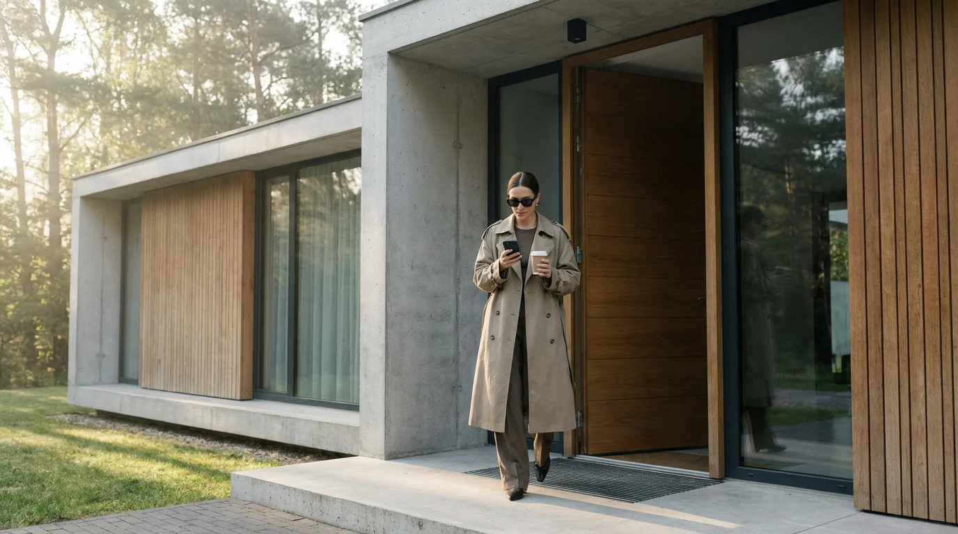 A woman leaving her modern home while checking her smartphone for geofencing updates.
