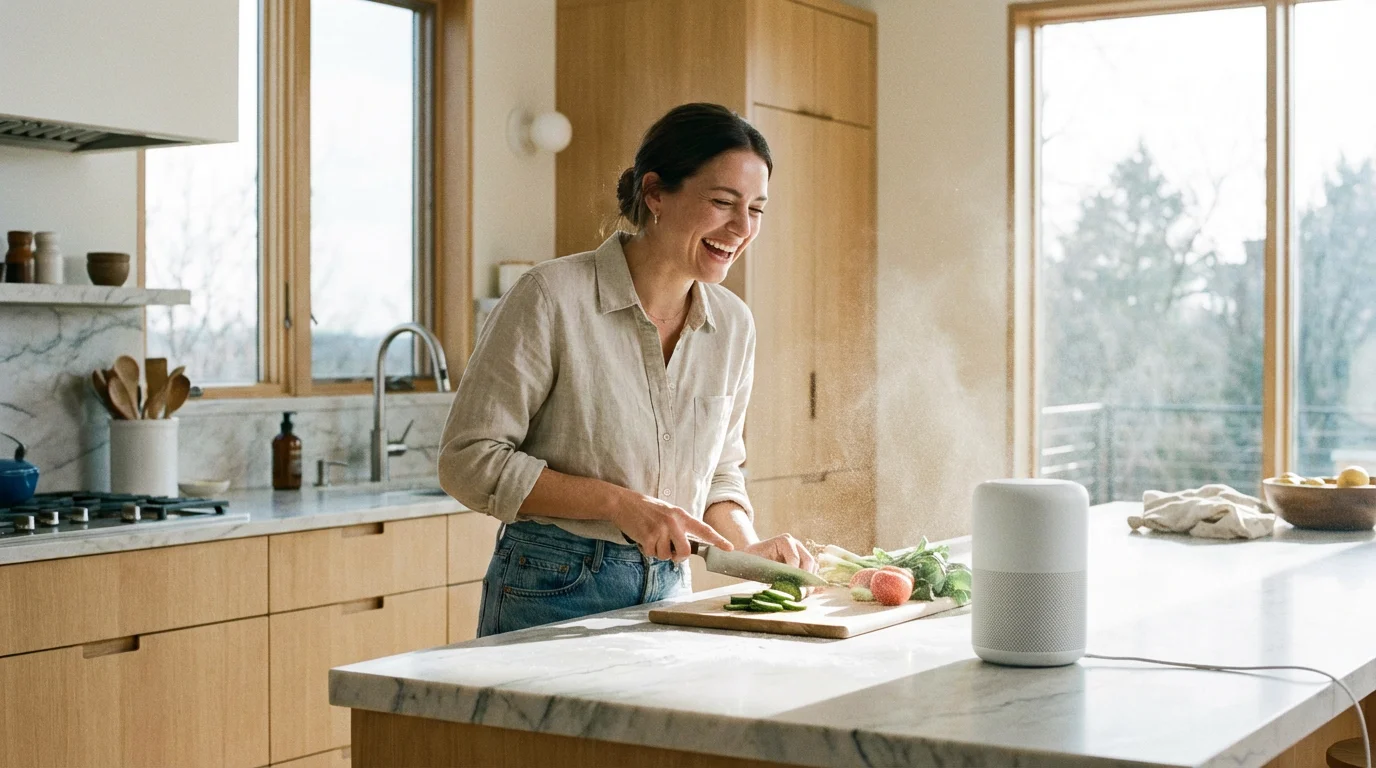 A woman talking to a smart speaker while cooking in a bright, modern kitchen.