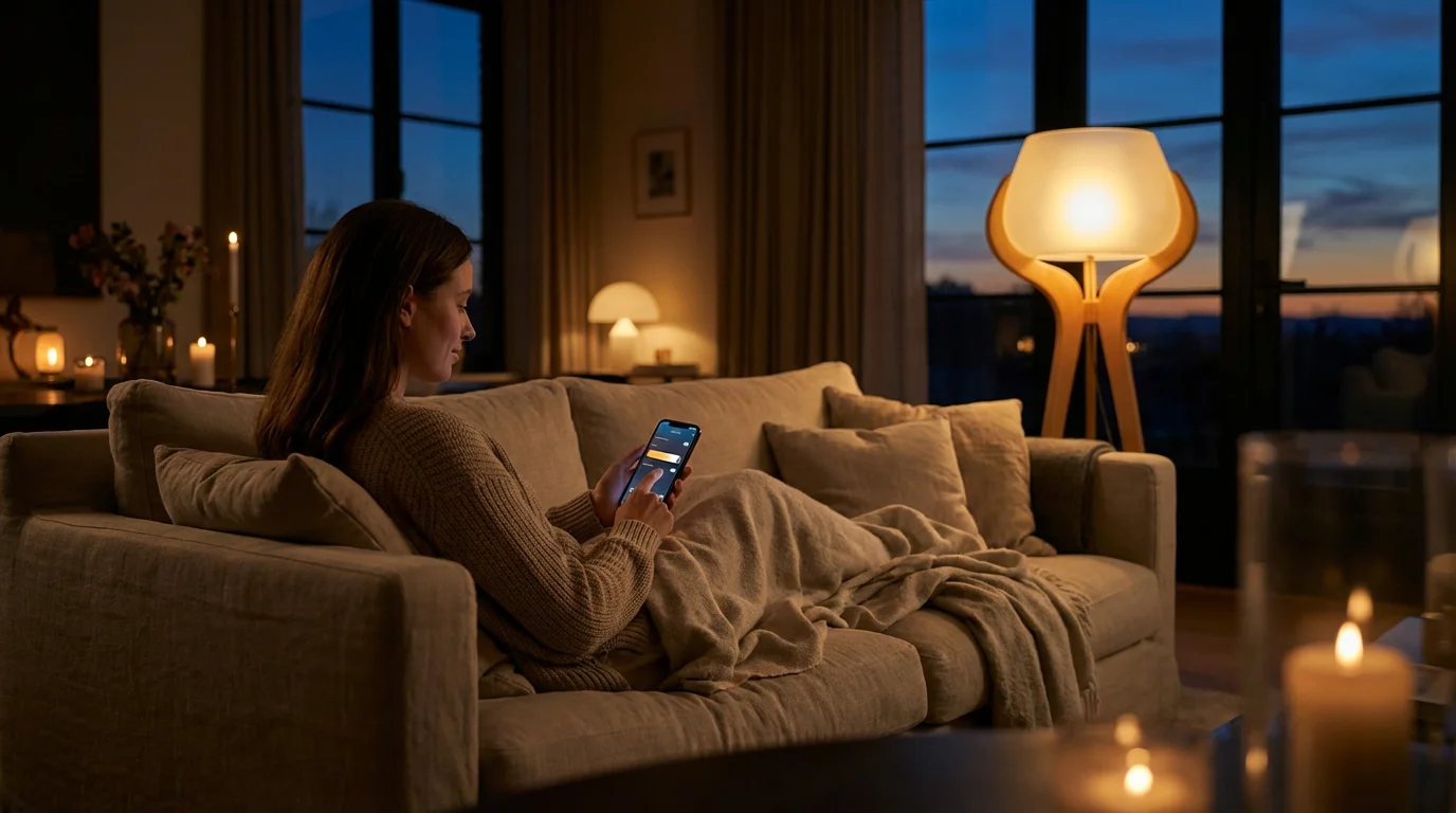A woman uses her smartphone to control a smart floor lamp while relaxing on a sofa.