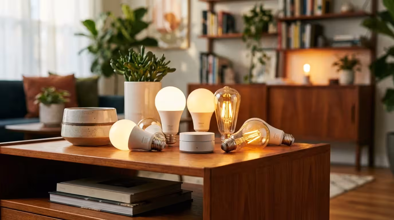 An assortment of different smart home light bulbs and hubs on a wooden table.