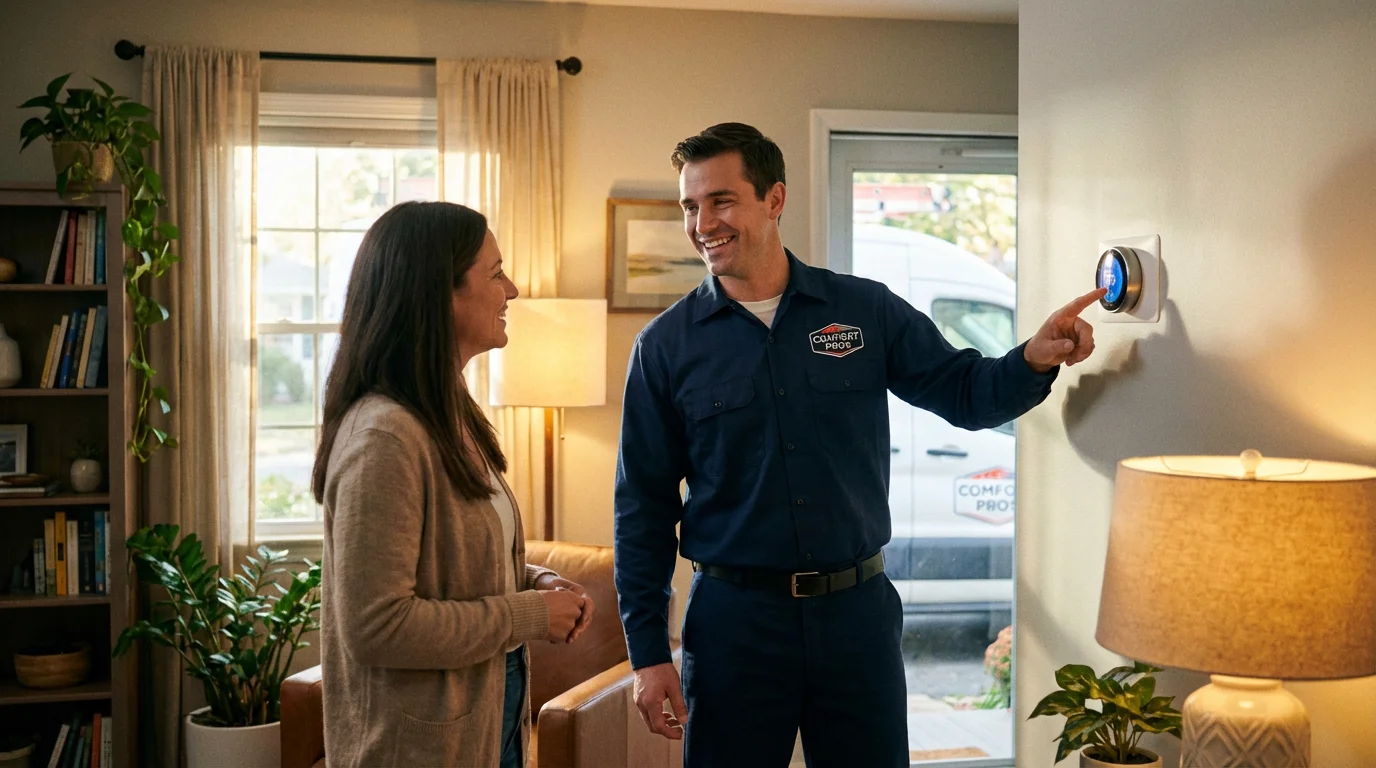 An HVAC professional explaining thermostat wiring to a homeowner.
