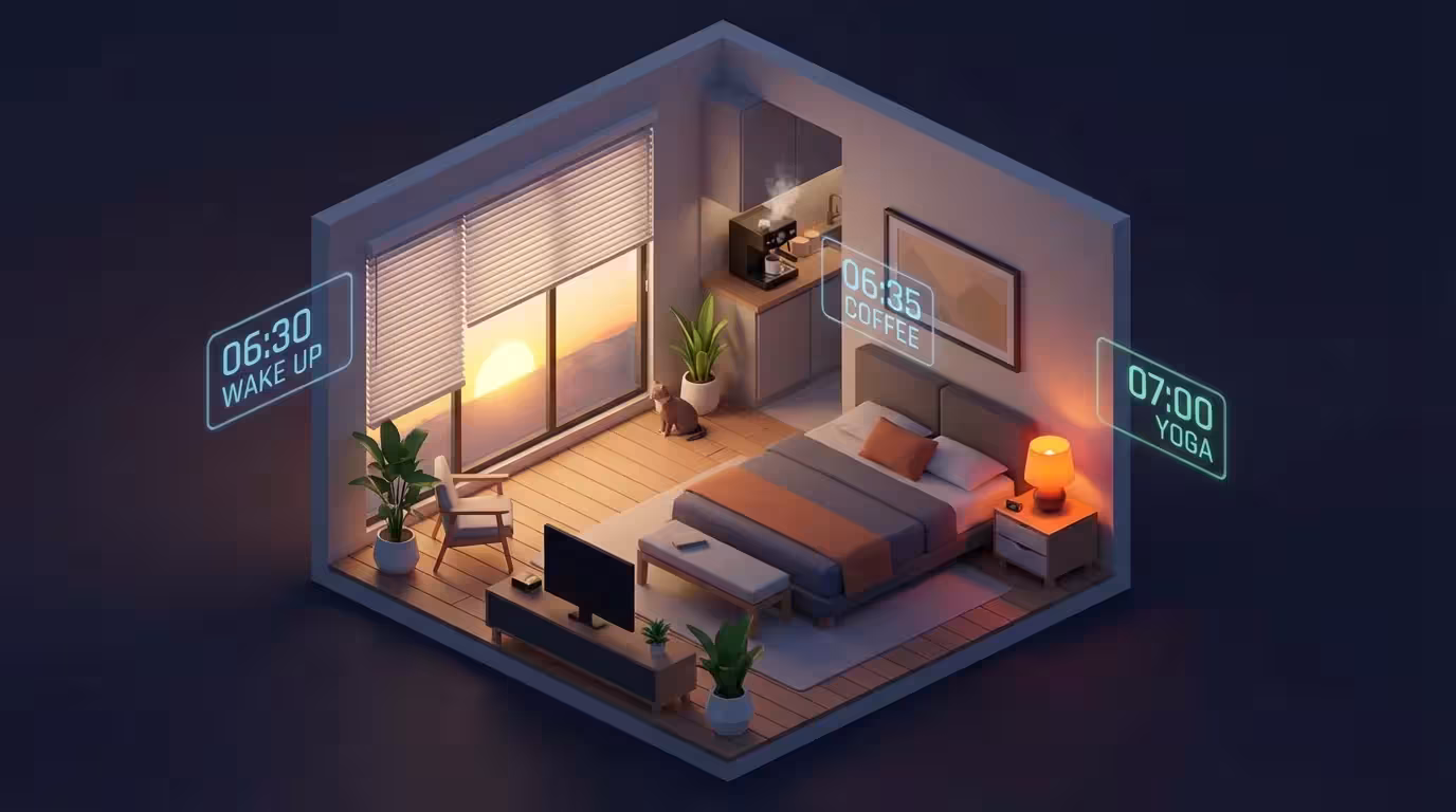 An isometric bedroom scene showing multiple smart home devices activating at once during a morning routine.